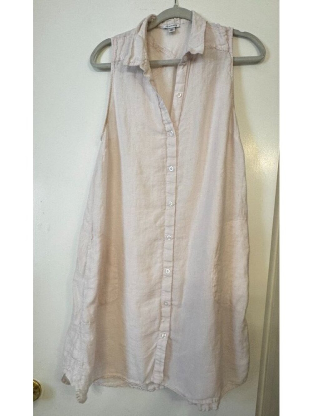 Saks Fifth Avenue Pale Pink 100% Linen Sleeveless Shirt Dress Large Pockets - Picture 2 of 10